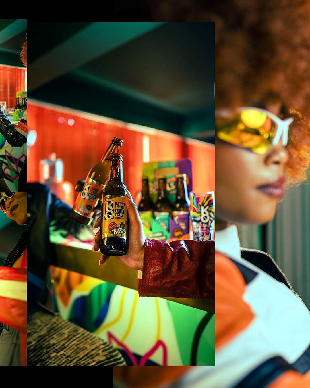 Kenyan Originals cider bottles held up at a bar activation